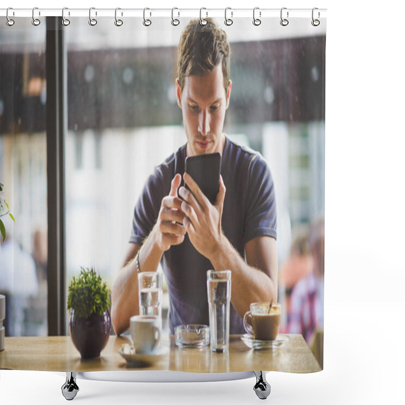 Personality  Young Man Watching Tablet In Cafe Shower Curtains