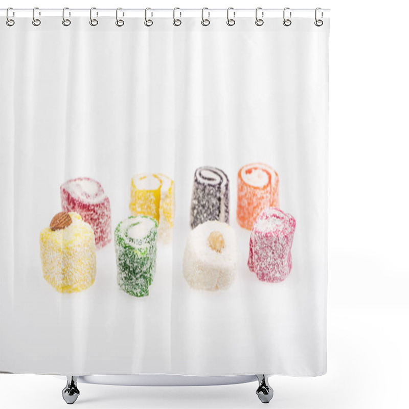 Personality  Assorted Delicious Turkish Delight In Coconut Flakes Isolated On White Shower Curtains