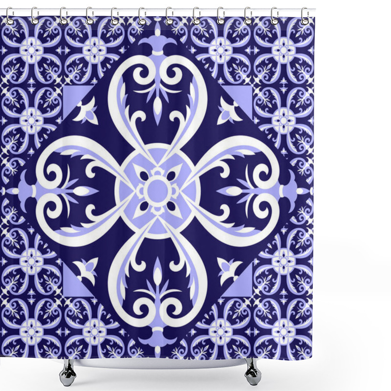 Personality  Spanish White Blue Tiles Floor Pattern Vector Shower Curtains