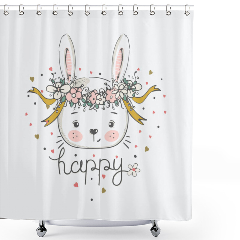 Personality  Hand Drawn Vector Illustration Of Cute Romantic Bunny Girl With Circlet Of Flowers/can Be Used For Kid's Or Baby's Shirt Design/fashion Print Design/fashion Graphic Shower Curtains