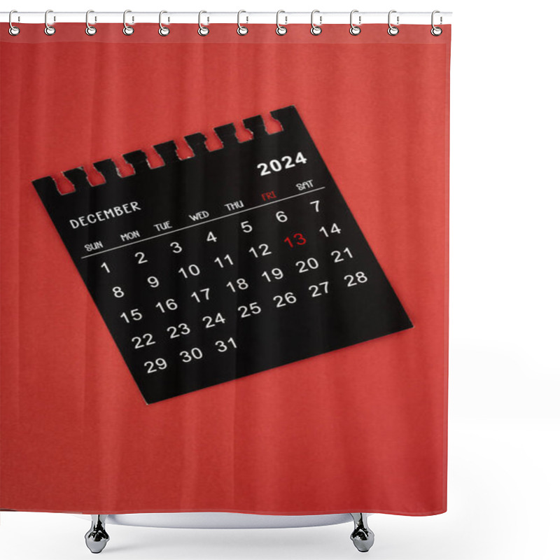 Personality  Black Calendar December 2024 Focus On Friday 13, On Red Background. Shower Curtains