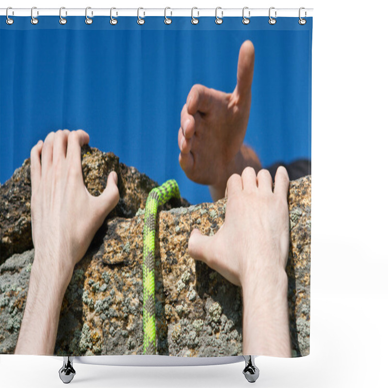 Personality  Rock Climber Reaching For Helping-hand Partner. Shower Curtains