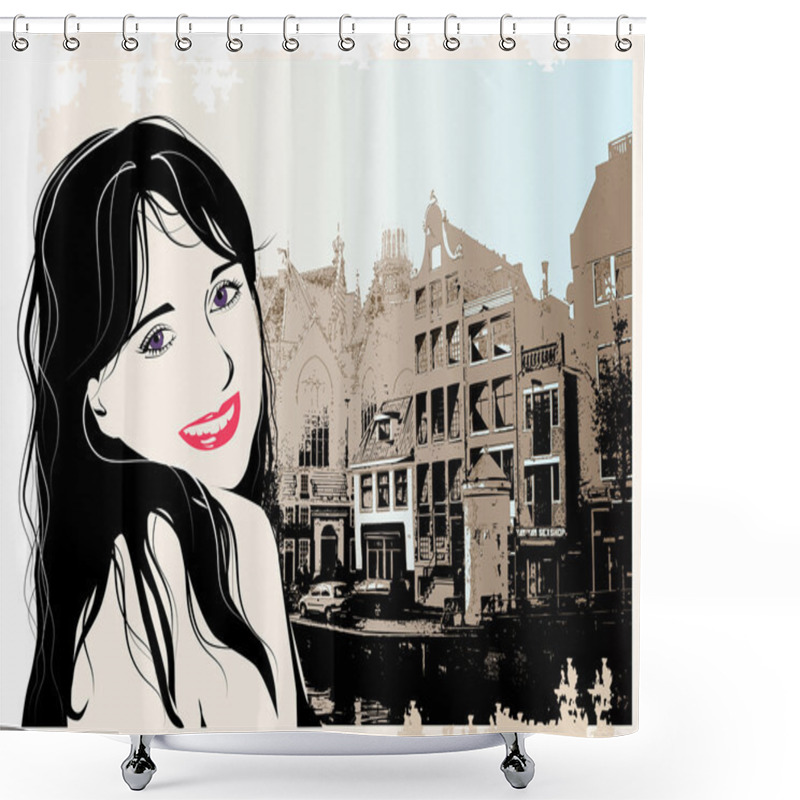 Personality  Fashion Girl In Sketch Style On A City-background. Shower Curtains