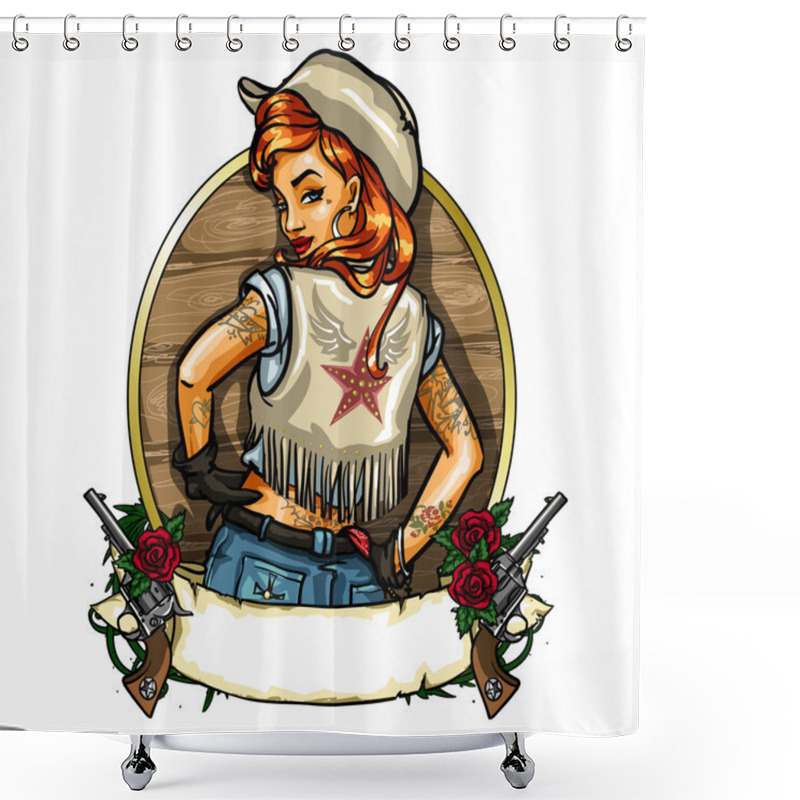 Personality  Pin Up Girl Label With Ribbon Banner And Guns Shower Curtains