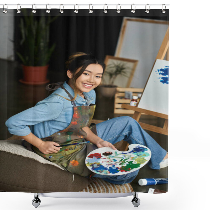 Personality  A Young Asian Artist In A Workshop, Wearing An Apron, Smiles While Holding A Paintbrush And Palette. Shower Curtains