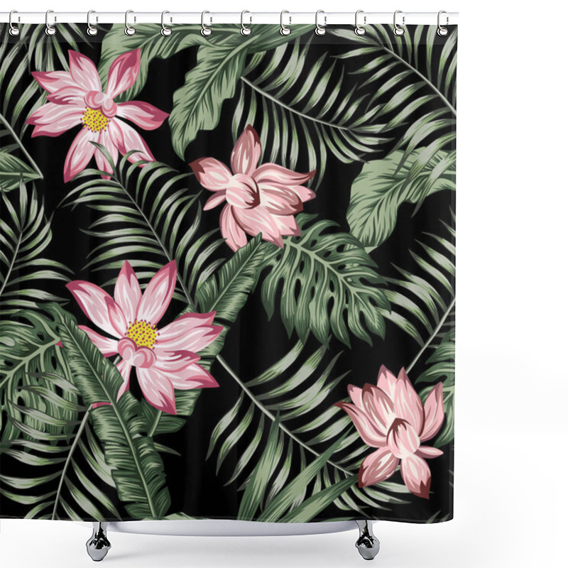 Personality  Botanical Seamless Pattern Green Leaves Pink Flowers Black Backg Shower Curtains