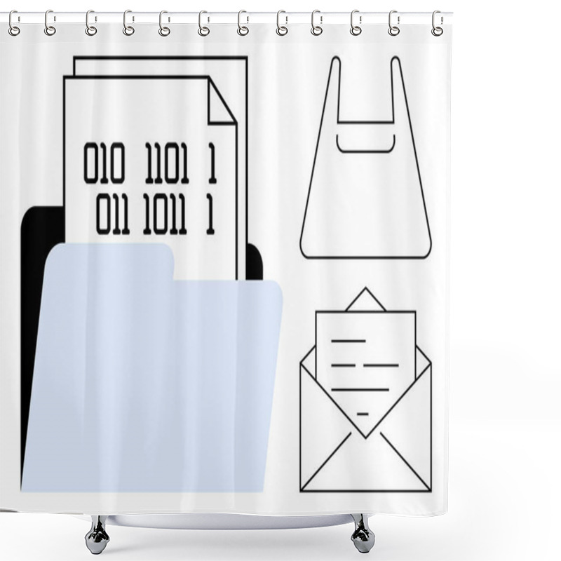 Personality  Binary Code Pages In A Folder, A Plastic Shopping Bag, A Mailed Letter In An Envelope. Ideal For Data Storage, Digital Documentation, Communication, Organization, Paperwork, Information Transfer Shower Curtains