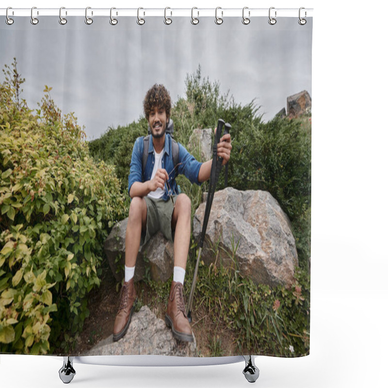 Personality  Indian Man Sitting With Backpack On Rock And Holding Hiking Sticks During Trekking, Adventure Shower Curtains