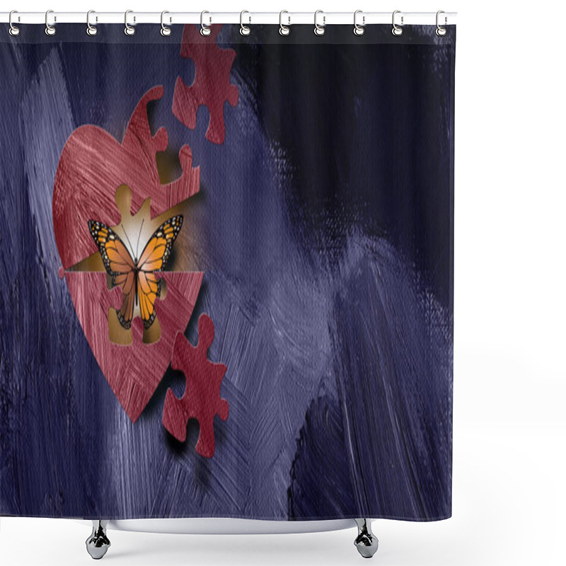 Personality  Graphic Butterfly Emerges From Puzzle Piece Opening In Heart Shower Curtains