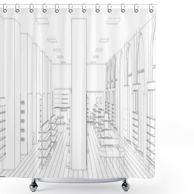 Personality  Interior Contour Visualization, 3D Illustration, Sketch, Outline Shower Curtains