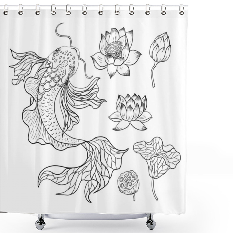 Personality  Koi Fish Vector For Printing On Shirt On Isolated White Background.Hand Drawn Lotus And Koi Fish Carp Vector For Printing On Background.Lucky Chinese Animal Illustration For Painting. Shower Curtains