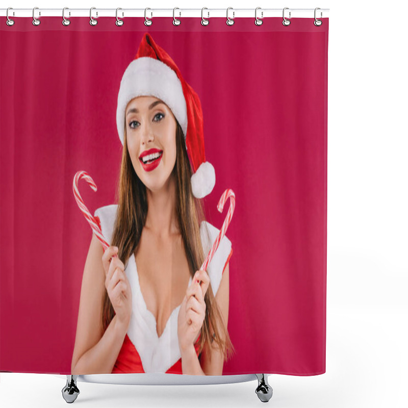 Personality  Smiling Sexy Beautiful Santa Girl Holding Sweet Striped Candies Isolated On Burgundy Shower Curtains