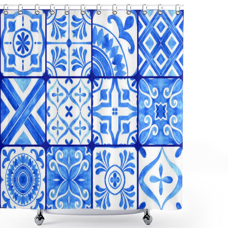 Personality  Portuguese Azulejo Tiles Collection. Blue And White Gorgeous Seamless Pattern. Hand Painted Watercolor Illustration. For Wallpaper, Web Background, Print, Surface Texture Shower Curtains