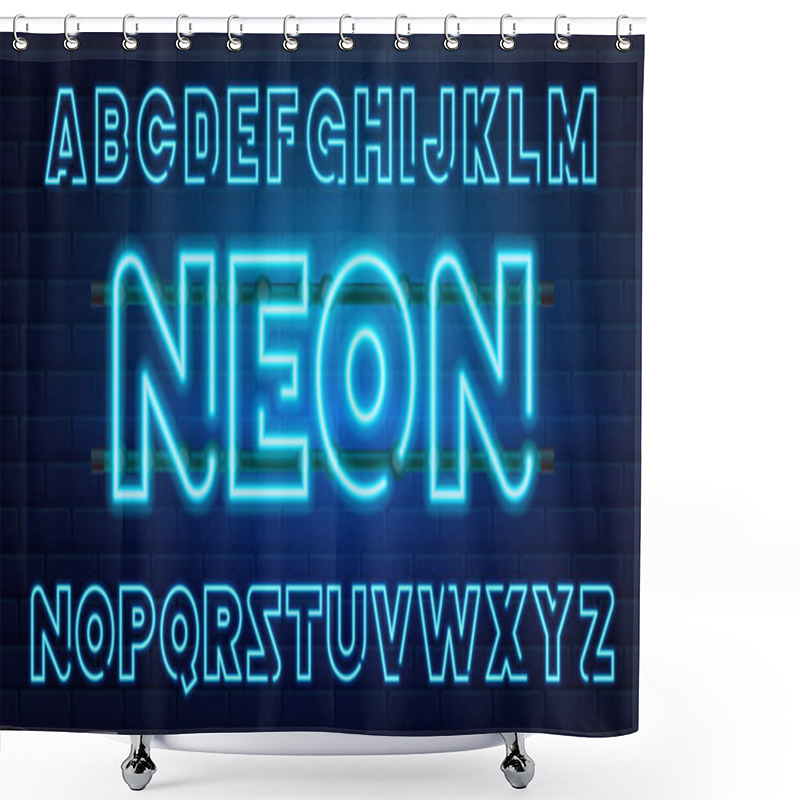 Personality  80 S Blue Neon Retro Font. Futuristic Chrome Letters. Bright Alphabet On Dark Background. Light Symbols Sign For Night Show In Club. Concept Of Galaxy Space. Set Of Types. Outlined Version. Shower Curtains