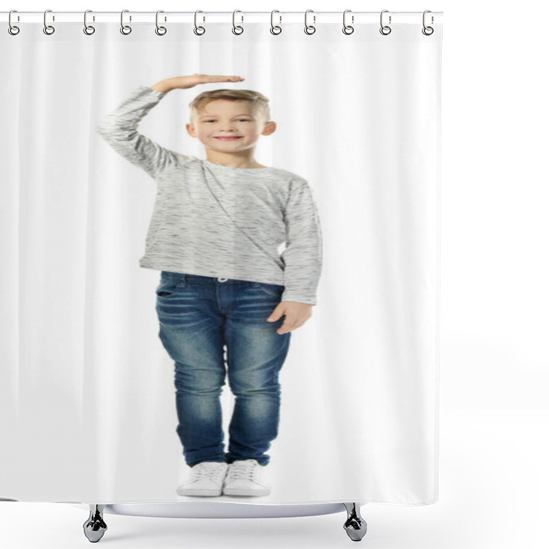 Personality  Little Boy Measuring Height On White Background Shower Curtains