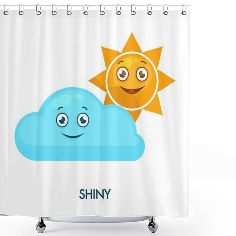 Personality  Shiny Sun And Cute Cloud With Cheerful Faces. Good Weather Forecast Icons With Happy Facial Expressions. Bright Fairy Day Symbols Isolated Cartoon Flat Vector Illustration On White Background. Shower Curtains