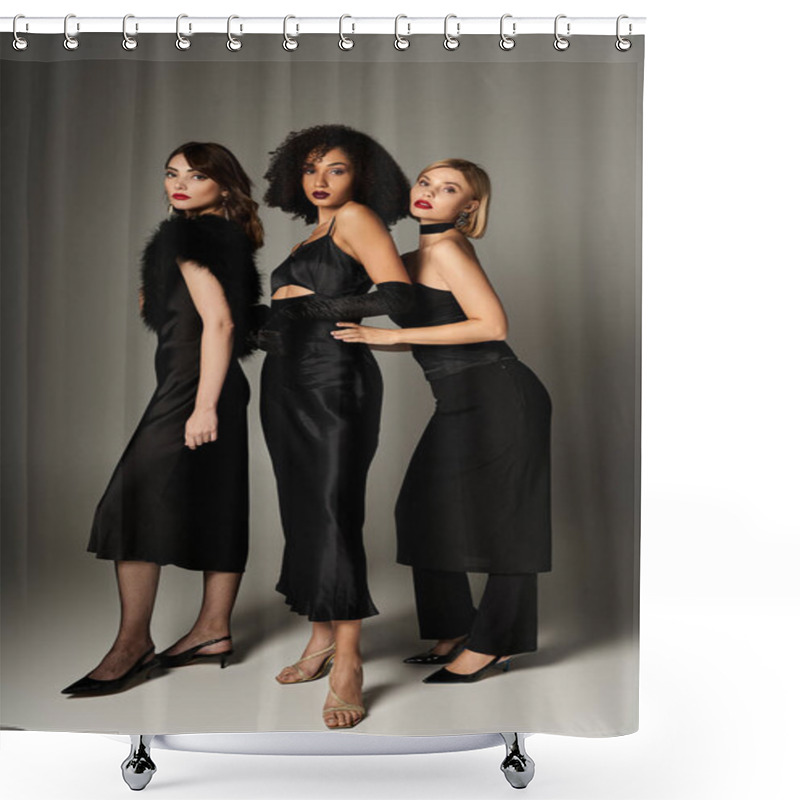 Personality  Three Young Beautiful Interracial Women Standing Together In Stylish Black Dresses, Showcasing Female Fashion And Cultural Diversity. Shower Curtains