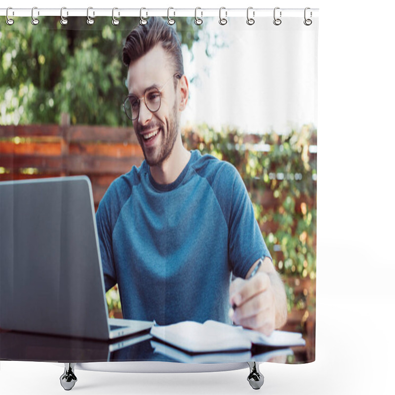 Personality  Smiling Handsome Man Taking Part In Webinar Outdoors Shower Curtains