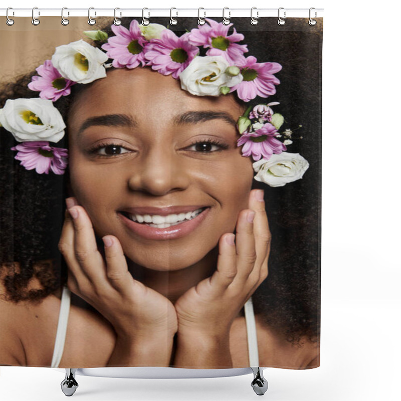 Personality  A Beautiful African American Woman With Natural Makeup And Flowers In Her Hair Smiles Brightly Against A Beige Background. Shower Curtains