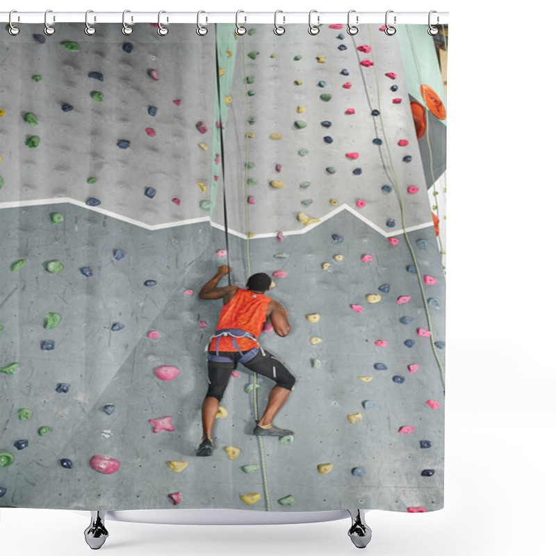 Personality  Back View Of Athletic African American Man With Alpine Harness And Safety Rope Climbing Up Rock Wall Shower Curtains