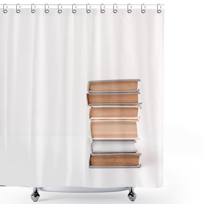 Personality  Stack Of Different Books Isolated On White Shower Curtains