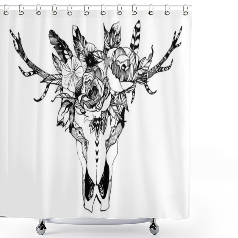 Personality  Cow, Buffalo, Bull Skull In Tribal Style With Flowers. Bohemian, Boho Vector Illustration. Wild And Free Ethnic Gypsy Symbol. Shower Curtains