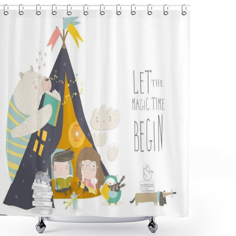 Personality  Kids Reading Book With Animals In A Teepee Tent Shower Curtains