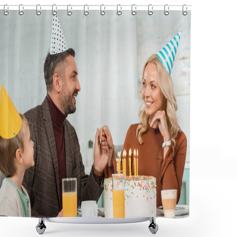 Personality  Happy Man And Woman Holding Hands While Sitting At Table With Son Near Birthday Cake With Burning Candles Shower Curtains