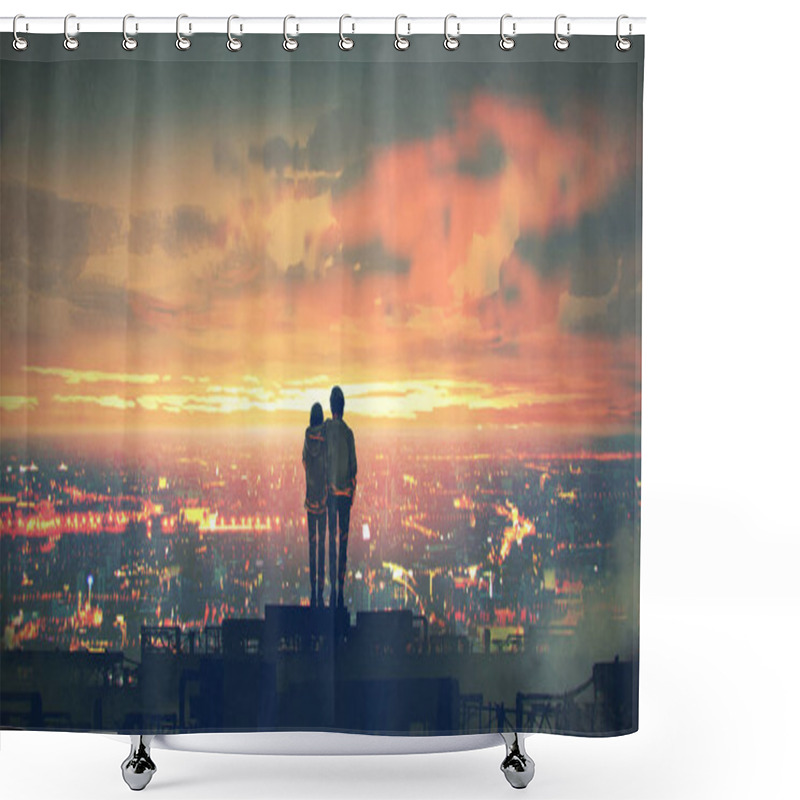 Personality  Young Couple Standing On The Roof Top Looking At Cityscape At Sunset, Digital Art Style, Illustration Painting Shower Curtains