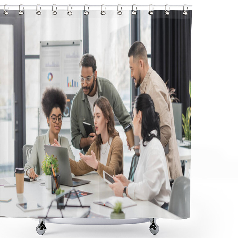 Personality  Candid Photo, Interracial Business Team Discussing Project And Sharing Ideas In Modern Coworking Shower Curtains