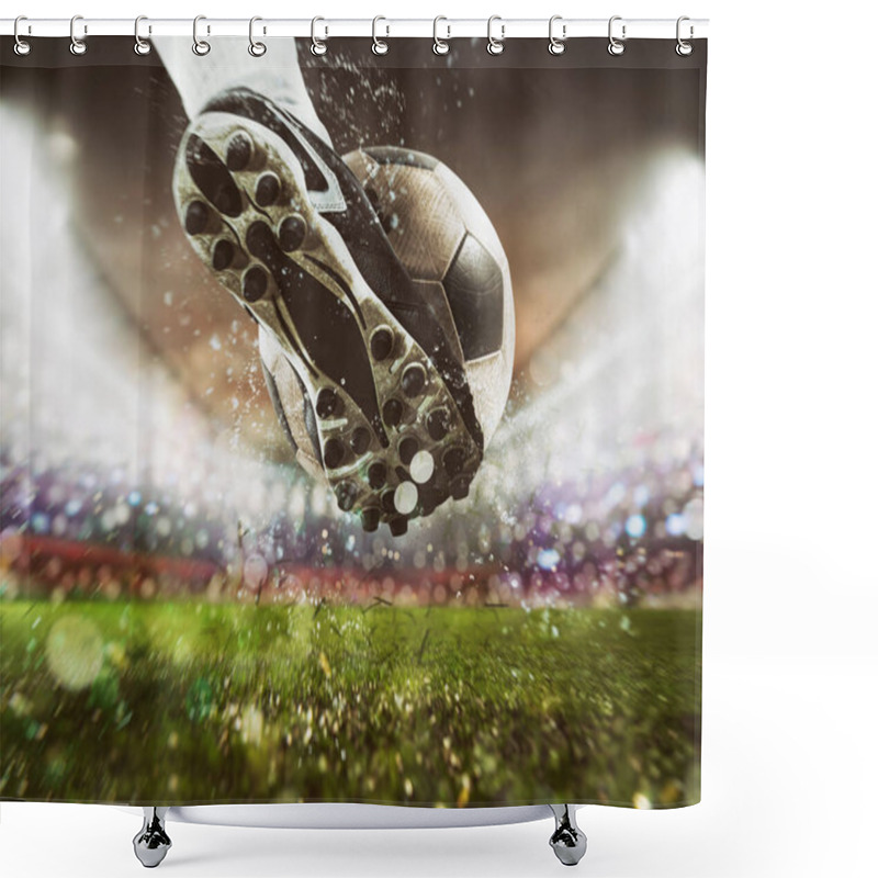 Personality  Football Scene At Night Match With Close Up Of A Soccer Shoe Hitting The Ball With Power Shower Curtains