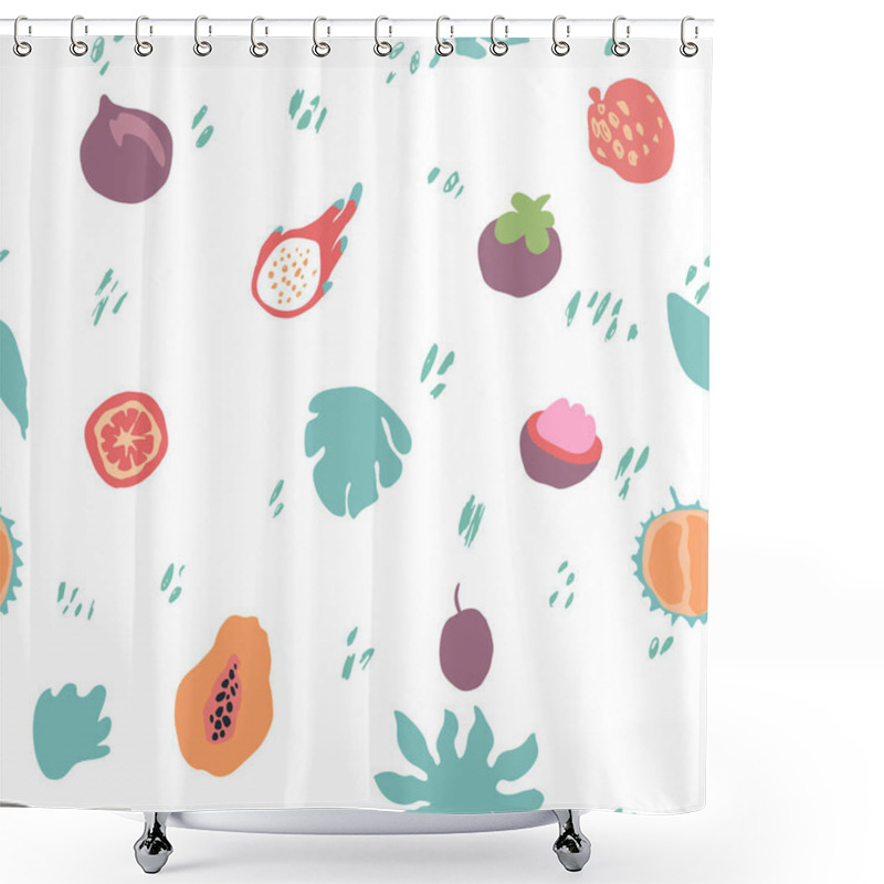 Personality  Minimal Summer Trendy Vector Tile Seamless Pattern In Scandinavian Style. Exotic Fruit Slice, Plant Leaf And Abstract Elements. Textile Fabric Swimwear Graphic Design For Print Isolated On White. Shower Curtains