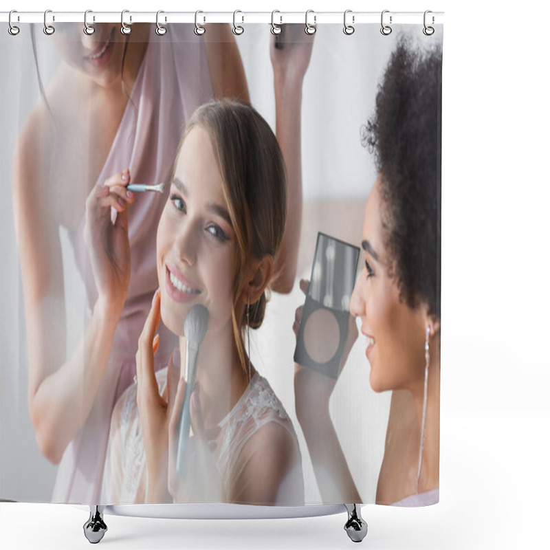 Personality  Pretty Bride Smiling At Camera While Interracial Women Applying Makeup, Blurred Foreground Shower Curtains