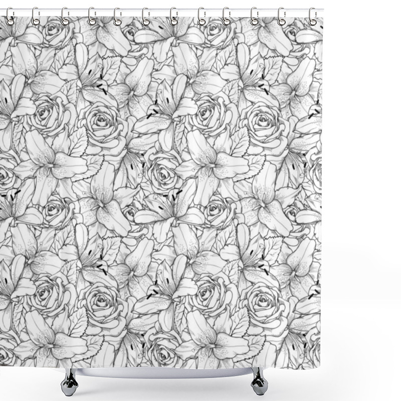 Personality  Beautiful Seamless Background With Black And White Lily And Roses . Hand-drawn Contour Lines And Strokes. Shower Curtains