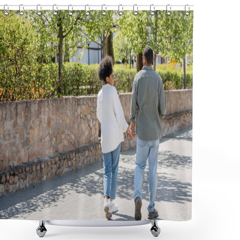 Personality  Smiling African American Woman Holding Hand Of Boyfriend While Walking On Urban Street Shower Curtains