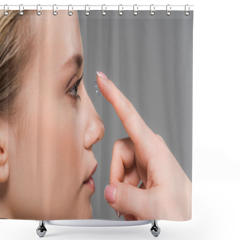 Personality  Attractive Girl Attaching Contact Lens Isolated On Grey  Shower Curtains