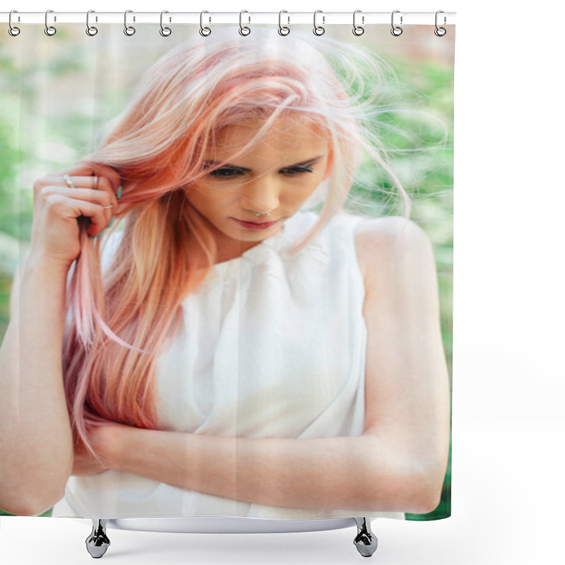 Personality  Young Woman With Pink Hair  Shower Curtains