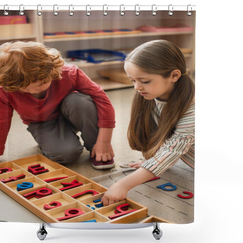 Personality  Kids Playing With Wooden Letters On Floor In Montessori School Shower Curtains