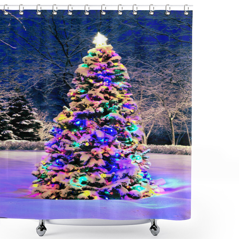 Personality  Decorated Christmas Tree Outside With Lights Covered With Snow Shower Curtains