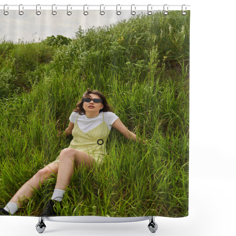 Personality  Fashionable Brunette Woman In Sunglasses And Sundress Spending Time And Relaxing On Green Meadow With Grass, Peaceful Retreat And Relaxing In Nature Concept, Stylish Woman Shower Curtains