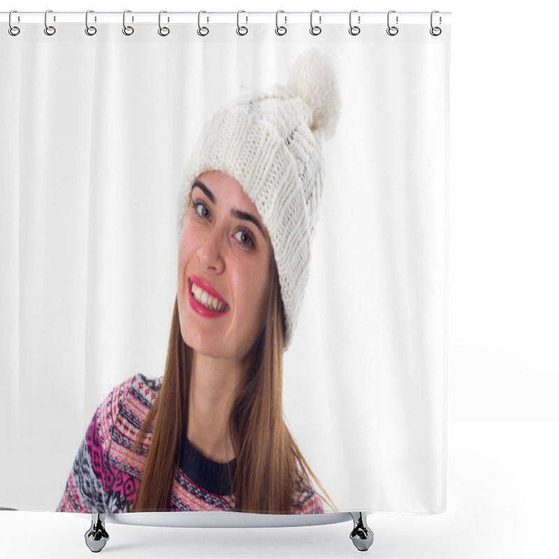 Personality  Woman In Sweater And White Hat Shower Curtains