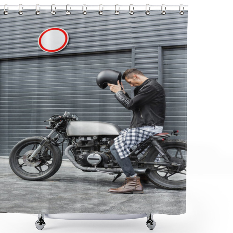 Personality  Brutal Man Sit On Cafe Racer Custom Motorbike. Shower Curtains