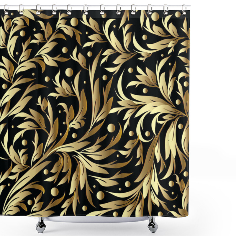 Personality  Floral Hand Drawn Vector Seamless Pattern. Gold Black Background Shower Curtains