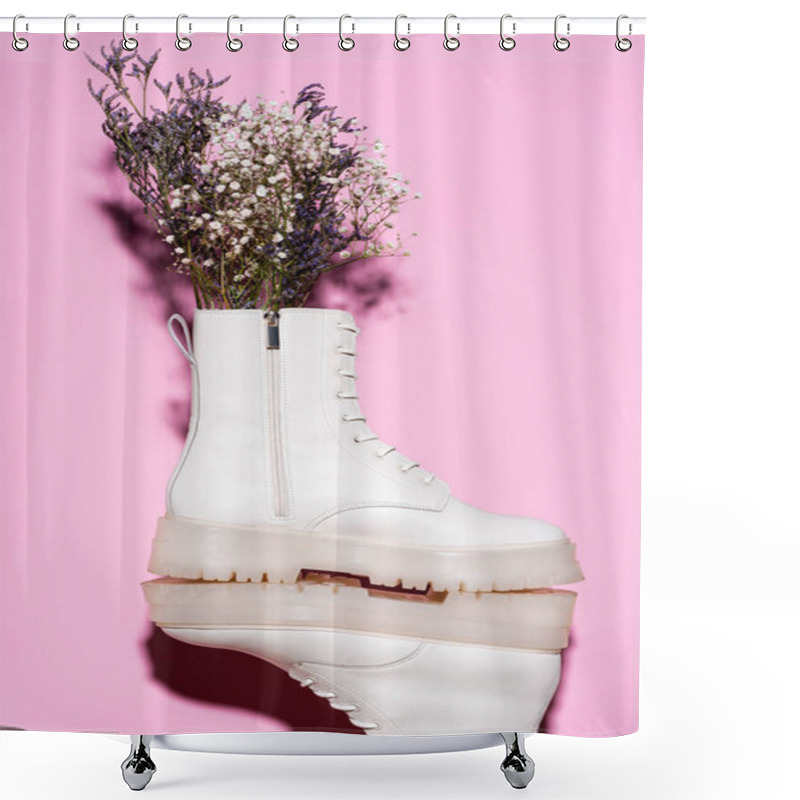 Personality  White Boots With Wildflowers On Pink Background Shower Curtains