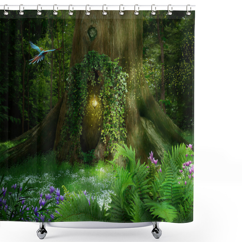 Personality  Fantasy Tree With Hole In The Forest And Parrot Flying. Photo Manipulation. 3d Rendering. Shower Curtains