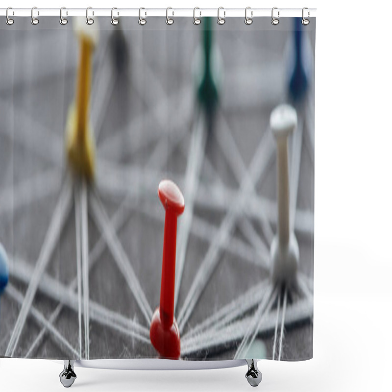 Personality  Panoramic Shot Of Push Pins Connected With Strings On Grey, Network Concept Shower Curtains