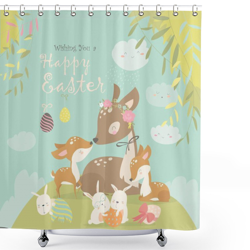 Personality  Cartoon Deer Family With Cute Bunnies. Happy Animals For Easter. Shower Curtains