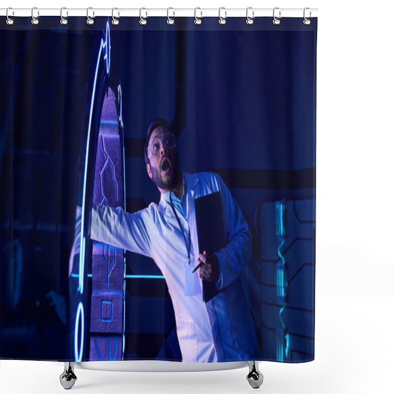 Personality  Shocked Indian Scientist With Open Mouth Testing New Invention In Futuristic Science Center Shower Curtains