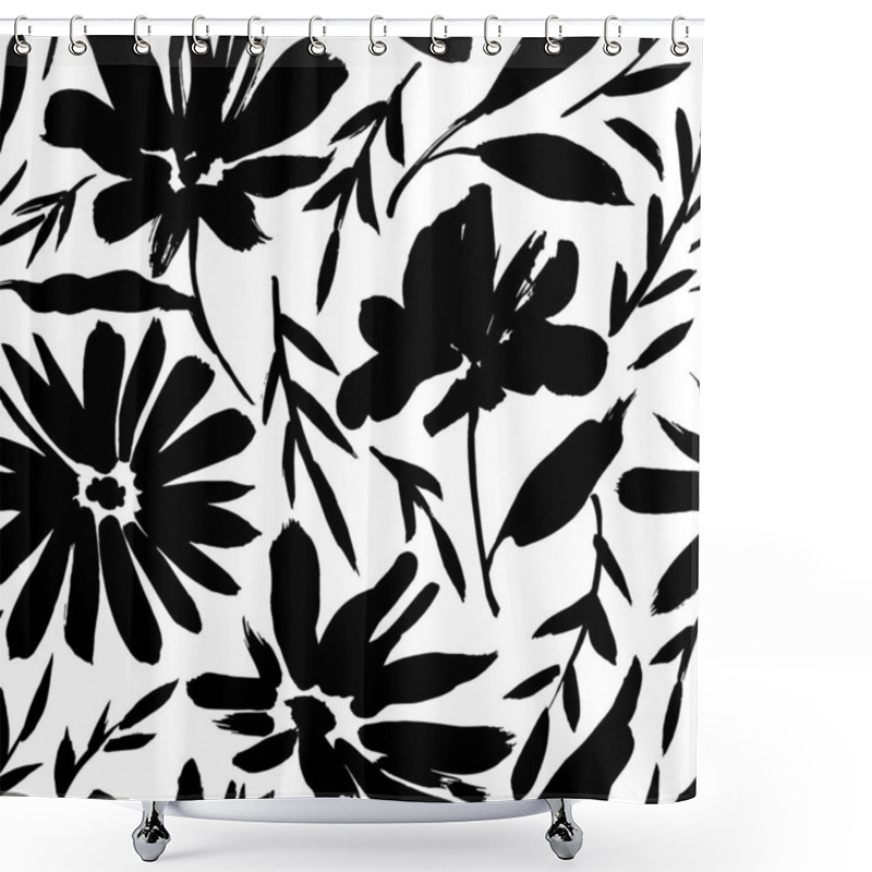 Personality  Wild Flowers Silhouettes Vector Seamless Pattern. Camomile Or Daisy Painted By Brush. Small Branches With Leaves, Stems With Flowers. Abstract Plant Motif. Black Brush Painted Floral Ornament. Shower Curtains