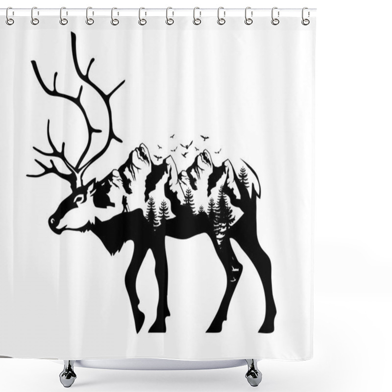 Personality  Wildlife For Your Design, Double Exposure Of Deer And Mountains Symbols . Vector Graphics To Design Shower Curtains